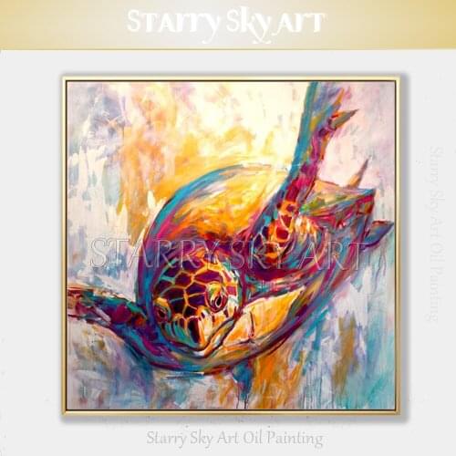 Artist Hand-painted Pop Fine Art Lovely Turtle Oil Painting on Canvas Funny Animal Swimming Turtle Picture for Wall Decoration