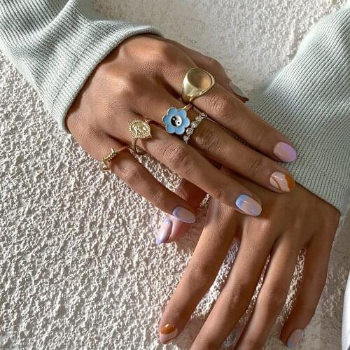 Fashion Cute Enamel Flower Ring for Women Gold Simple Metal Drop Oil Tai Chi YinYang Crystal Rings Set Girls Party Jewelry