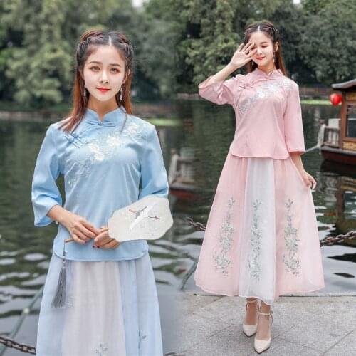 Womens Hanfu Chinese Traditional Clothing Elegant Floral Embroidery Skirt+Tops Sets Girl Vintage Oriental Folk Dance Costume