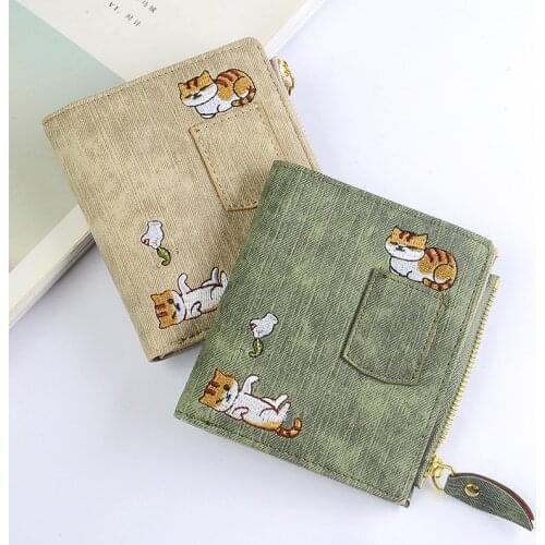 2020 INS Mori Cute Wallet Women Embroidery Cat Wallet Zipper Coin Purse Short Women Wallet Mini Cards Holder Bag Carteras Mujer