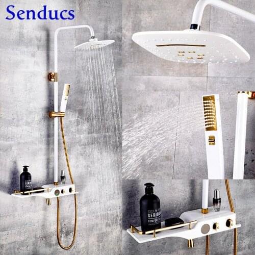Senducs White Gold Multifunctional Bathroom Digital Shower Set Newly Rotary Knob Thermostatic Shower System