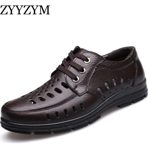 ZYYZYM Men Sandals New Summer Shoes Genuine Leather Ventilation Mens Business Casual Shoes Man Brand Sandals Black brown