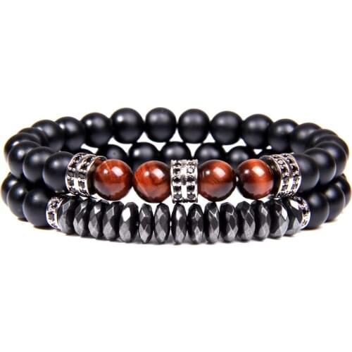 2pcs Men Bracelet Natural Red Tiger Eye Beads Bracelet Fashion Pave Cubic Zirconia Charm Bracelet Bangles for Men Energy Jewelry
