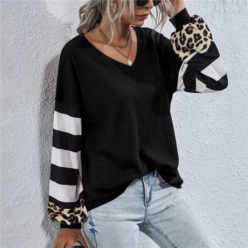 Autumn Spring T Shirt For Women Long Lantern Sleeve Striped Tops Tee Female Leopard Stitching Tees Loose Top Lady T-shirt