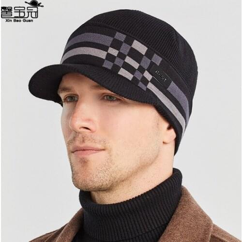 New versatile autumn and winter mens wool cap jacquard Plaid knitted hat double layer warm cap