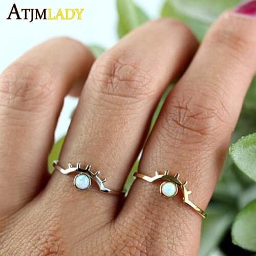 2021 New Gold Color Hot Selling High Quality Fashion Jewelry Bezel White Fire Opal Gem Girl Women Lucky Eye Eyelash Unique Ring