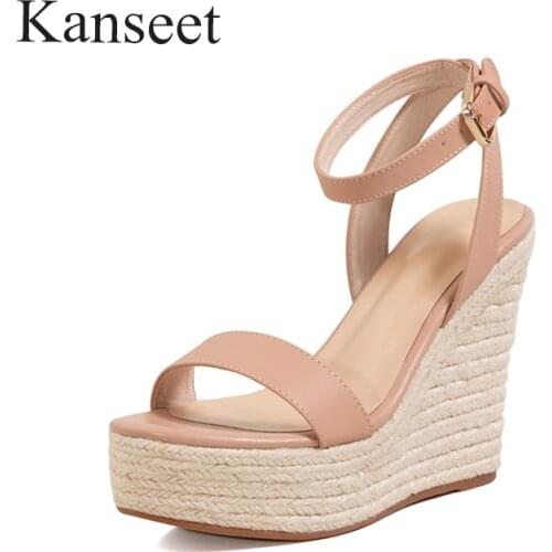 Kanseet Womens Sandals Summer 2021 Platform Shoes 12cm High Heels Genuine Leather Handmade Weave Wedges Open-Toed Female Shoes