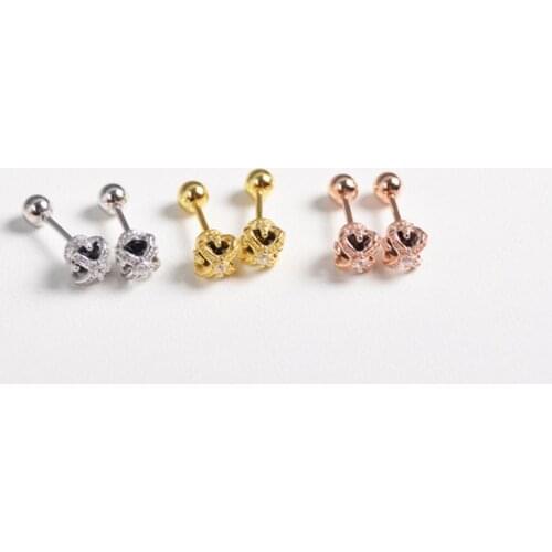 925 Sterling Silver Earring Simple Small Crown White Black Zircon Screw Stud Earring Cute Sweet Ear Bone Nail Girl Ear Jewelry