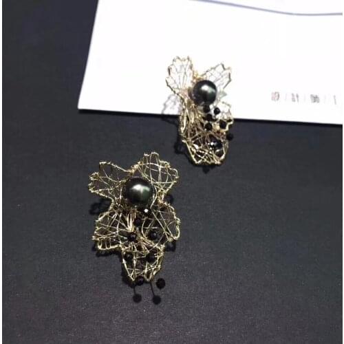 9-10mm Handpicked Black Round Cultured Seawater Pearls Drop-Earrings,Handmade Tahiti pearls women earrings for party Jewelry