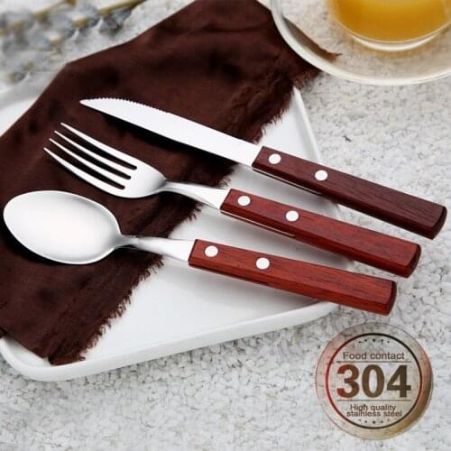 Dinnerware Stainless Steel Dinner Cutlery Knives Forks Spoons Black or Wooden Texture Handle Home Party Tableware Steak Knife