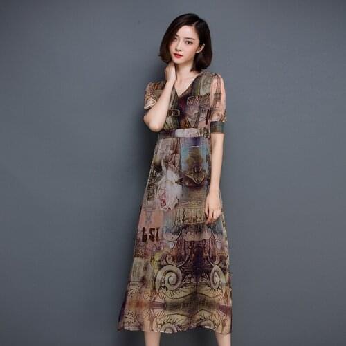 2018 Summer Style Vintage Printed Casual Dresses V Neck Elegant High Waist Slim Dress Short Sleeve Faux Silk Vestidos RE2131