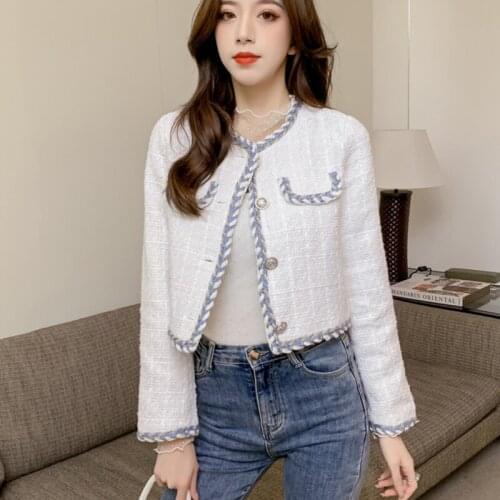 2021 Autumn Small Fragrance Woolen Short Coats Women Long Sleeve Vintage Tweed Jacket Coat Female Korean Sweet Outwear Crop Top