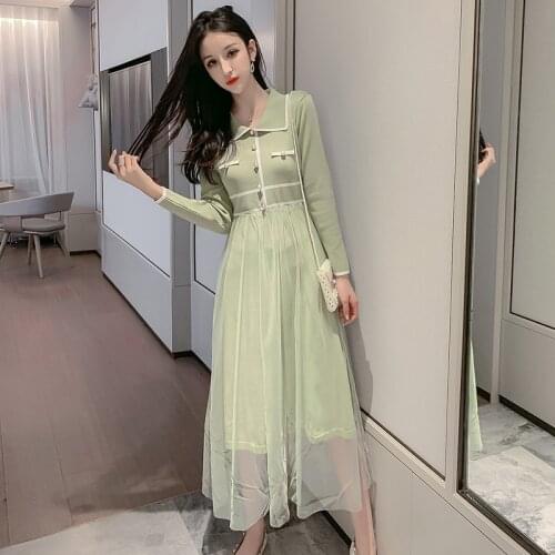 Women Korean Dress Fashion One Piece Autumn Spring 2021 Office Lady Knitting Long Sleeve Patchwork Solid Black Dresses Traf Robe