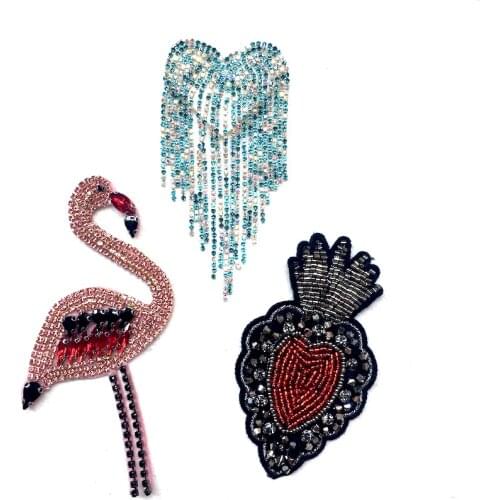 1Pcs Good Quality Pink Bird Heart Handmade Sewing on Rhinestone Beaded Tassel Patches for Clothing DIY Sewing Accessory LSHB977