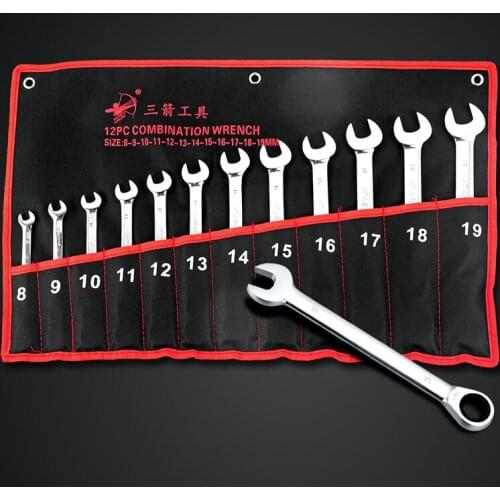 12pc 8-19mm CRV Ratchet Wrench Geared Set of Keys Open End Combination Wrench Ratchet Set Hand Tool Spanner Kit