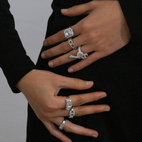 6PCS/SET Punk Alloy Animal Snake Rings Set with Crystals Stone Finger Rings Jewelry for Women Unisex Crystal Anillos Sets