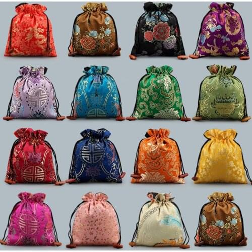 Pretty Large Jewellery Pouches Drawstring Gift Bags Pearl Necklace Bangle Bracelet Storage Chinese Silk Printed Candy Packaging