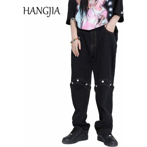 Harajuku Black Flare Denim Pants Women 2021 Hip Hop Knee Buttons Removable Streetwear Trend Men Women Casual Micro-flare Jeans