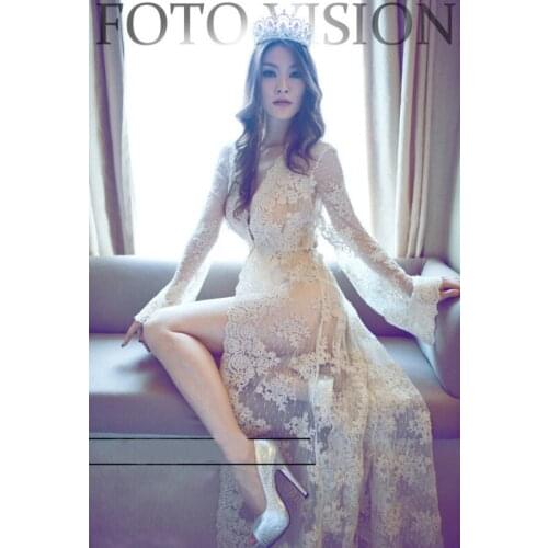 OkayMom Pregnant Women Photography Props Fashion Long Lace Dress Royal Style Sexy Romatic Beige Color Photo Shoot Nightdress