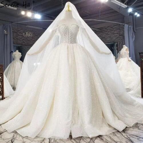 Dubai Ivory Beading Luxury Glitter Wedding Dresses 2020 Sleeveless Shawl Yarn Sexy Bridal Gowns DHX0232 Custom Made