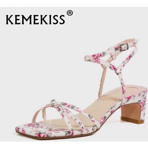 KemeKiss 2021 Women Real Leather Sandals Shoes Buckle Strap Flower Pattern Thick High Heels Party Ladies Footwear Size 34-39