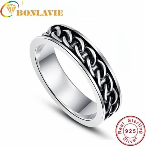 BONLAVIE Silver 925 Sterling Silver Mens Black & Silver Wedding Ring Curb Chain Band 6mm Rings Trendy Fine Jewelry