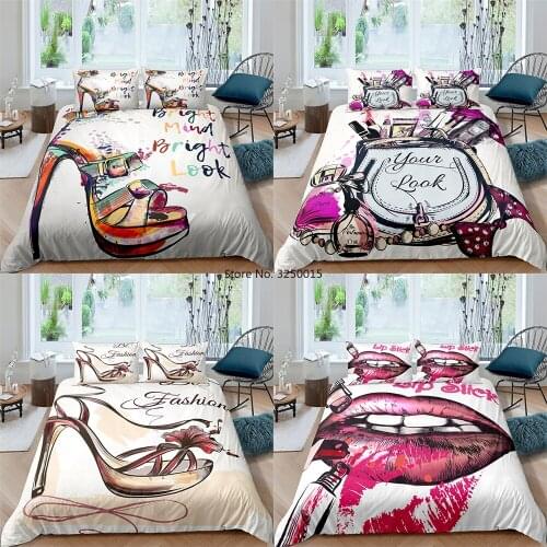 Bedroom Decor Luxury Makeup Lipstick Bedding Set Cosmetic Beauty Woman 2/3pcs Duvet Cover Girls Bed Set Home Textiles