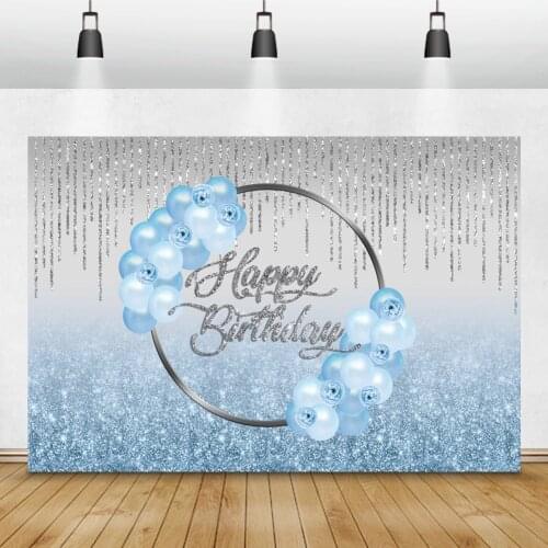 Laeacco Blue Silvery Balloons Flowers Glitters Sequins Birthday Party Decor Photography Backdrops Photo Backgrounds Photozone