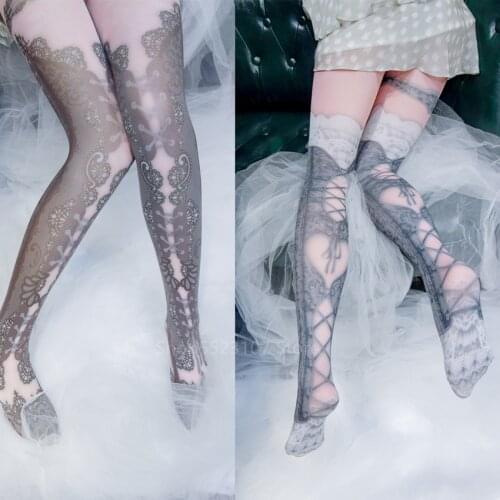 Girls Fashion Pattern Pantyhose Gothic Print Victorian Japanese Harajuku Cute Kawaii Lolita Tights Lace Women Stockings Lady