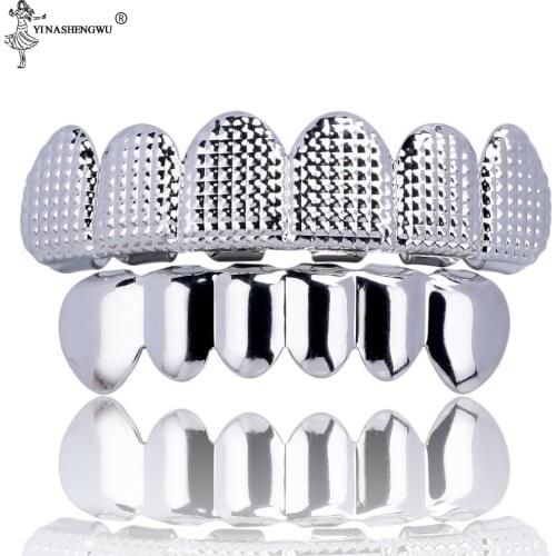 Hip Hop Mens 6 Top & Bottom Teeth Gold Silver Color False Teeth Grillz Set Bump Lattice Dental Grill Rapper Body Jewelry Metal