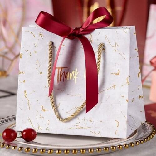 Festival Christmas Gift Paper Bag Marble Kraft Paper Bag New Year Packaging Bag Twist Handle with Golden Ribbon 10/20/30 Pcs