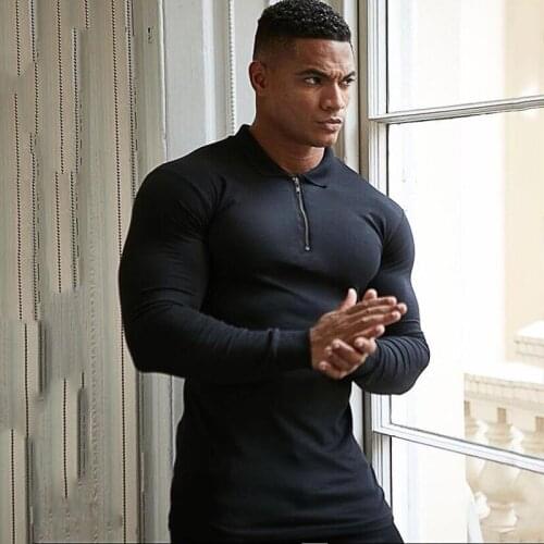 Running Polo Shirt Mens Solid Fitness Polo Shirts Sports Mens Cotton Long Sleeve Polos Slim Fit Gym Bodybuilding Jerseys