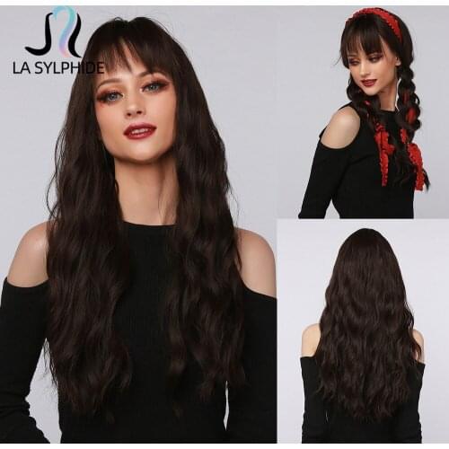 La Sylphide Synthetic Wig Long Loose Wavy Dark Brown Black Wigs with Bangs for Black White Woman Daily Party Club Use Wigs