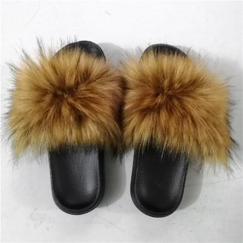 Womens Faux Fox Fur Slides Fashion New Ladies Fake Fur Slippers Wholesale Home Furry Flip Flops Girls Fluffy Sandals Shoes