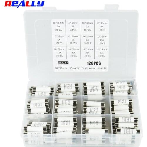 120pcs 12 Values Ceramic Fuse Assorted Kit 10x38mm 500V 1A 2A 3A 4A 5A 6A 8A 10A 16A 20A 25A 32A Tube Fuses with Plastic Box