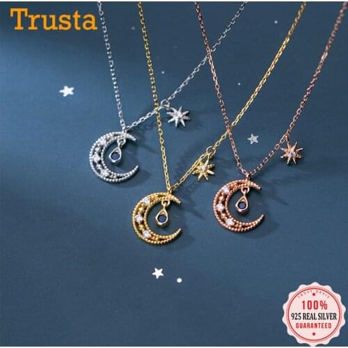 TrustDavis Real 925 Sterling Silver Necklace Women Moon Pendant Star CZ Choker Birthday Gift For Girls Wedding Jewelry DB489