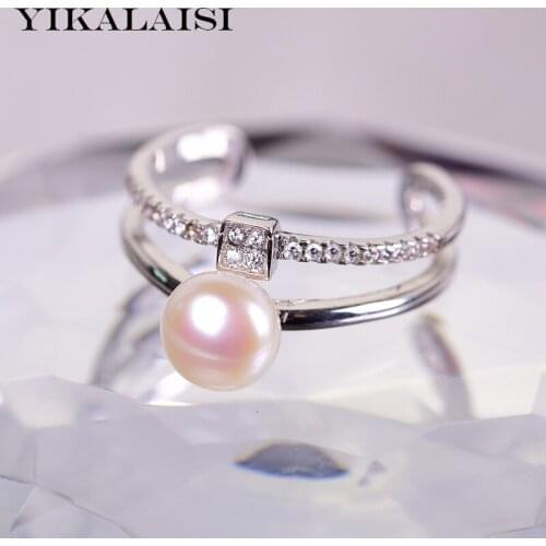 YIKALAISI 925 Sterling Silver Natural Freshwater Pearl Rings Jewelry For Women 7-8mm Size Pearl 4 Color White Pink Purple Black