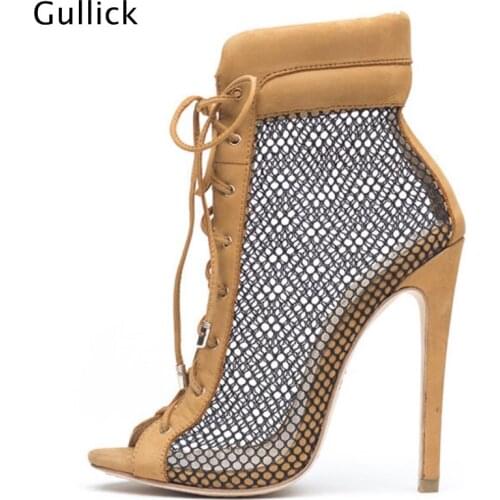 Fashion High Heel Lace Up Sexy Peep Toe Light Brown Short Boots High Quality Transparent Side Net Woman Rome Style Summer Boots
