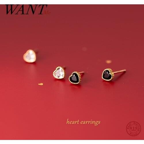 WANTME 925 Sterling Silver Korean Mini Love Heart Black Zircon Small Stud Earrings for Women Teen Wedding Unique Sweet Jewelry