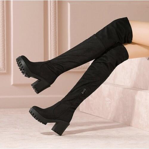 AIWEIYi Block High Heels Woman Over The Knee Boots Women Shoes Stretch Fabric Winter Ladies Motorcycle Boots Size 34-43