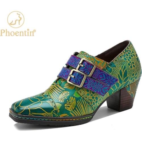 Phoentin Green Ethnic Floral Handmade Womens Shoes 2021 Designer Mid Heels Genuine Leather square Toe hook&loop Pumps FT1486
