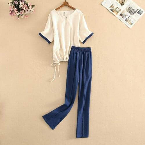 Women Patchwork Hit Color Casual Two Pieces Set Short Sleeve Blouse Shirt Tops & Wide Leg Pants Set Suits Outfits Summer New