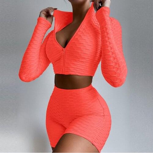 Casual Knit Ribbed 2 Piece Set Women Solid Color Long Sleeved Zipper Shirt Crop + High Waist Short Pants Tracksuit Summer 2021