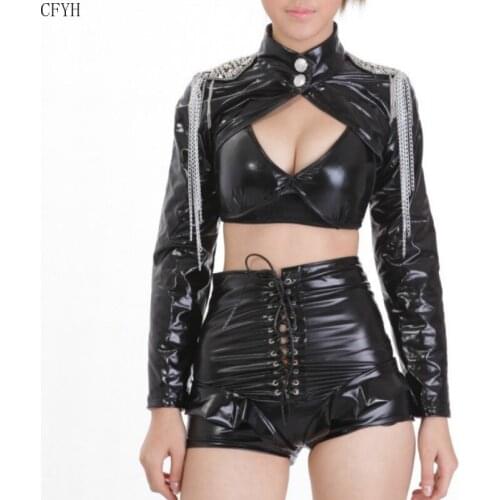 Women Pole Dancing Costume Sexy Faux Leather 3 Pcs Set Nightclub Bar DS Costumes Singer Costumes