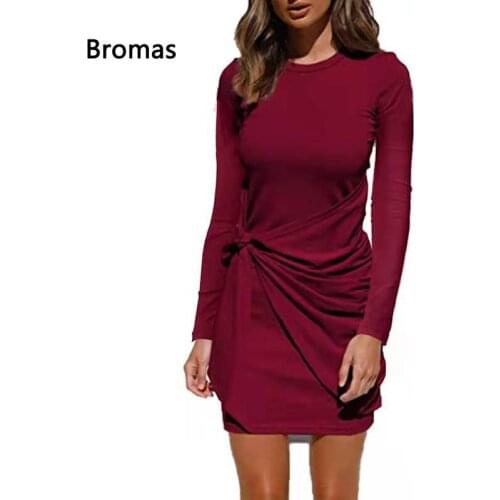 New Womens Casual Long Sleeve Dress Solid Color Slim Folded Bowknot Belted Irregular Dress