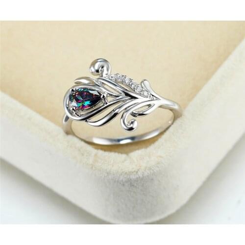 Female Luxury Pear Cut Multicolor Zircon Ring Unique Peacock Tail Water Drop Rainbow Stone Rings For Women Silver Color Jewelry