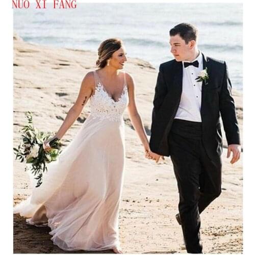 Simple V Neck Beach Wedding Dreess 2020 Floor Length Bride Dress Lace Appliques Backless Modest Hot Sale Vestido De Noiva