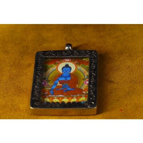 2"Tibet temple Old Bronze Gilt silver Medicine Buddha Statue Thangka Amulet Pendant amulet Town House Exorcism