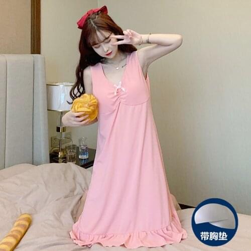 2021Summer Womens Nightdress Pit Stripes Sleeveless Vest with Chest Pad Sexy Nightwear Sleepwear Women Night Gown Sleep Tops