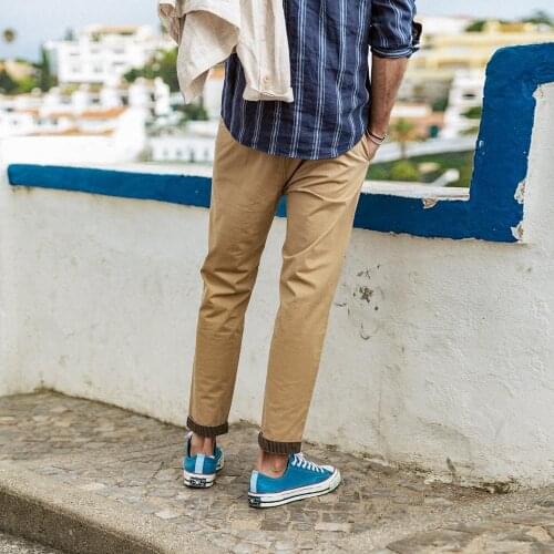 2021 New summer new pants men casual garment dyed ankle-length trousers striped turn up cuffs plus size chinos